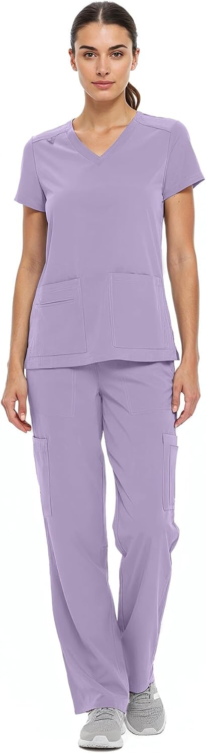 Natural Uniforms Women's Cool Stretch V-Neck Top and Cargo Pant Scrub Set with Regular and Petite Sizes Large Lavender