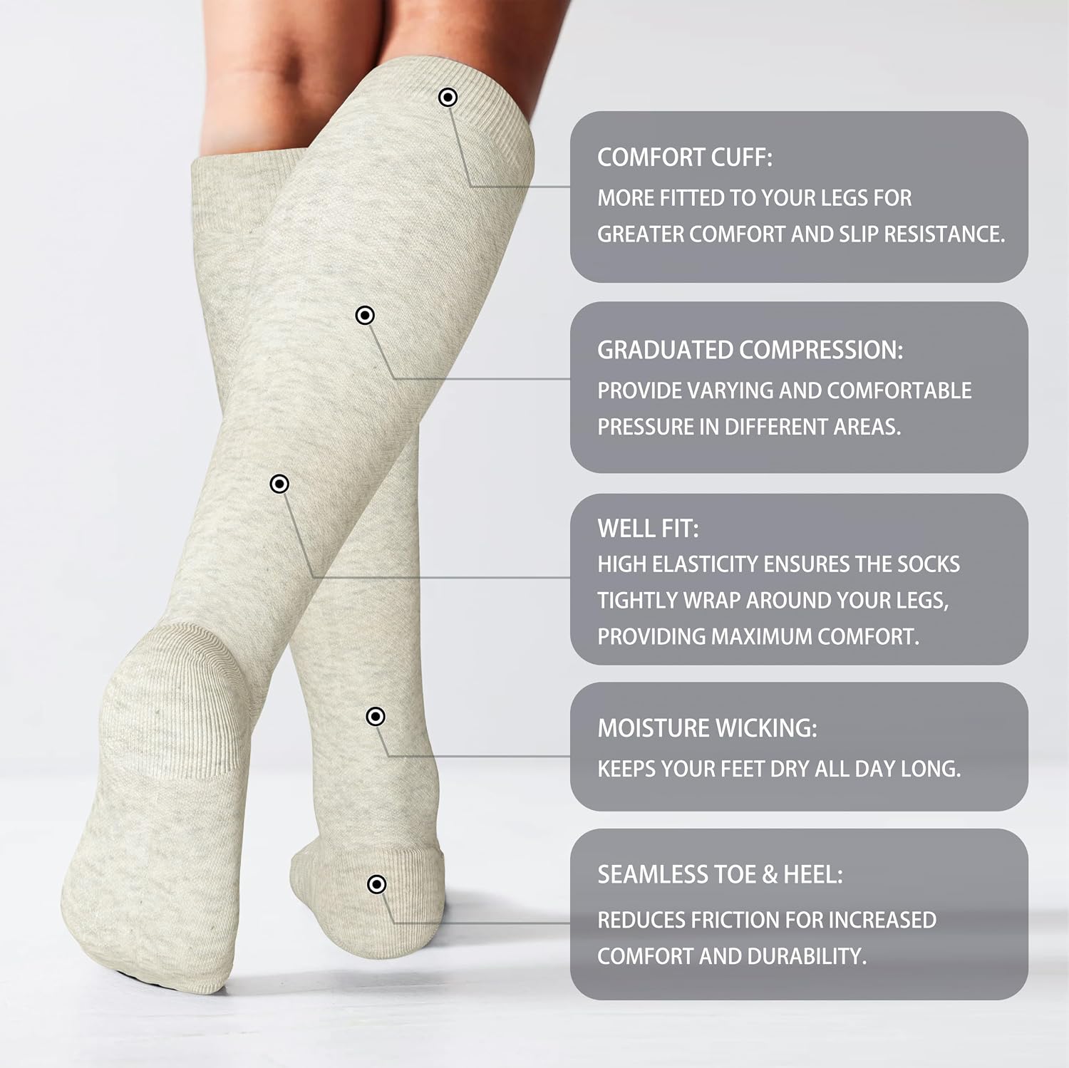 LEVSOX Cotton Compression Socks for Women&Men 20-30mmHg Knee High Cute Support Sock for Nurses Pregnancy Travel 2 Pairs-Grey&Beige Medium-Large
